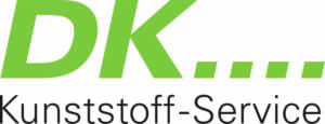 Logo von DK Kunststoff-Service mit grünem Schriftzug und schwarzem Text darunter. Dienstleistungen im Kunststoffbereich.