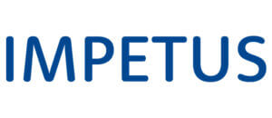 Blaues Impetus-Logo auf weißem Hintergrund, Markenname in klarer Schriftart für modernes Design und Wiedererkennung.