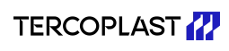 Tercoplast-Logo: Schwarzer Schriftzug mit blauem Symbol, repräsentiert die Marke für Kunststofflösungen.