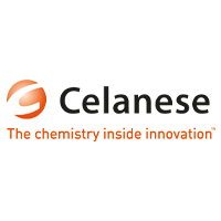 Logo von Celanese mit Slogan The chemistry inside innovation neben einem orangefarbenen Kreis-Symbol.