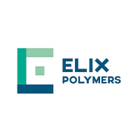 Unternehmenslogo von ELIX Polymers mit abstraktem Design in Türkis und Blau auf weißem Hintergrund.