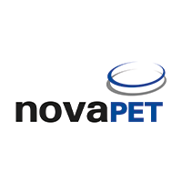 NovaPET-Logo mit stilisiertem Kreisdesign über dem Text, blau und schwarz auf weißem Hintergrund.