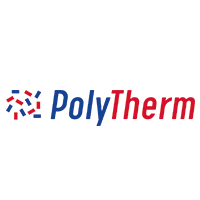 Logo von PolyTherm mit blau-rotem Design und stilisiertem Muster.