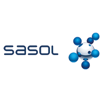 Sasol-Logo: Stilisiertes Molekül-Design mit blauen Kugeln, repräsentiert Chemie- und Energieunternehmen.