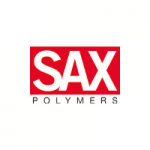 Logo von SAX Polymers, roter Hintergrund mit weißem Text, spezialisiert auf Kunststofflösungen und Polymerprodukte.