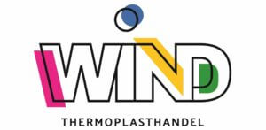 Wind Thermoplasthandel Logo mit bunten Buchstaben und einem blauen Kreis.